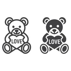 Teddy bear with heart line and glyph icon, valentines day and romantic, toy sign vector graphics, a linear pattern on a white background, eps 10.