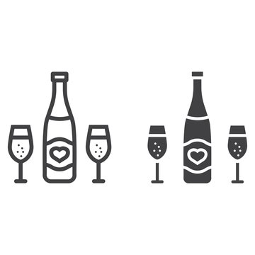 Bottle of champagne with glasses line and glyph icon, valentines day and romantic, alcohol sign vector graphics, a linear pattern on a white background, eps 10.