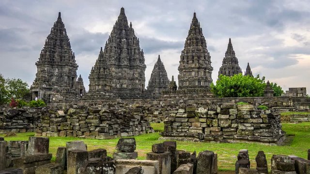 Prambanan (Rara Jonggrang) Hindu temple. Central Java, Indonesia. Steadicam shot. 4K, UHD