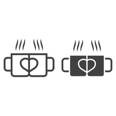 Two pair mug line and glyph icon, valentines day and romantic, love sign vector graphics, a linear pattern on a white background, eps 10.