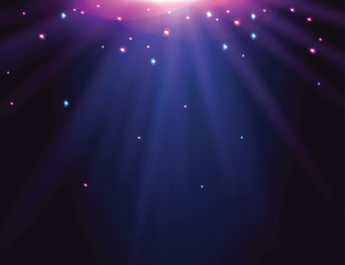 Vector background with lights, glitters and spotlights. Abstract scene, party, night show.