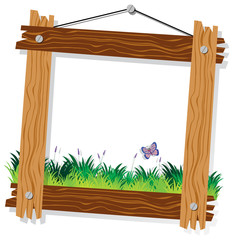 Wooden frame template with green grass and butterfly