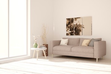 Idea of white minimalist room with sofa. Scandinavian interior design. 3D illustration