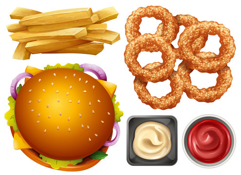 Different types of fastfood on white background