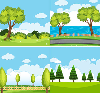 Four background scene with green trees