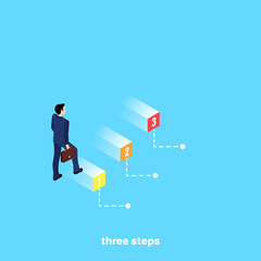 a man in a business suit with a briefcase in his hand walking on numbered steps, an isometric image