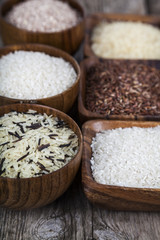 Six bowls with different varieties of rice