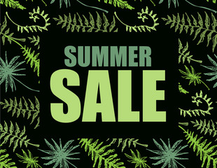 Summer sale banner with hand drawn palm tree leaves