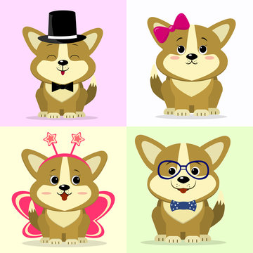 A set of cute dog characters in different images in the style of a cartoon.