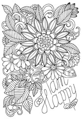 Black and white flower pattern for adult coloring book. Doodle floral drawing. Art therapy coloring page.