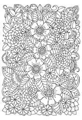 Black and white flower pattern for adult coloring book. Doodle floral drawing. Art therapy coloring page.