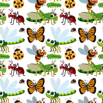 Seamless background with different types of insects