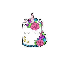 Cute unicorn cake. Birthday Unicorn isolated vector icon.