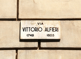 Road sign with the name of a famous writer in Italy called Vittorio Alfieri