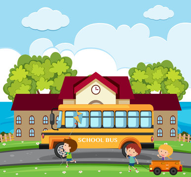 School scene with kids and school bus