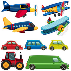 Different types of vehicles on white background