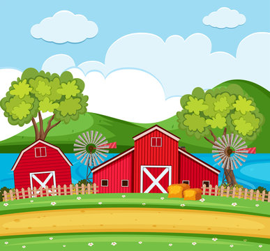 Farm scene with red barns and wind turbines