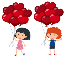 Boy and girl with balloons shape of hearts