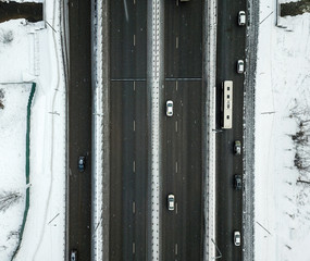Aerial view of winter snowy road in Moscow