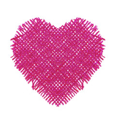 Hot pink fuchsia linen vintage textile heart with torn edges isolated white – love and valentines