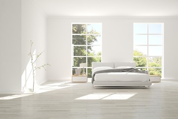 Inspiration of white minimalist  bedroom with summer landscape in window. Scandinavian interior design. 3D illustration
