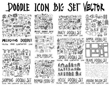 MEGA set of doodles vector. Collection of Wedding, Music, Party, Summer, Shopping, Data, Sport, Frame, Business, House, Arrow eps10