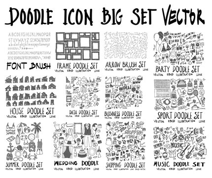 MEGA set of doodles vector. Collection of Font, Frame, Arrow, Party, House, Summer, Info, Business, Sport, Wedding, shopping, Music eps10