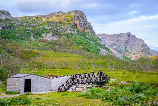 Architectural bridge in Lillefjord along National Tourist Route to Hav&oslash;ysund, Finnmark, Norway