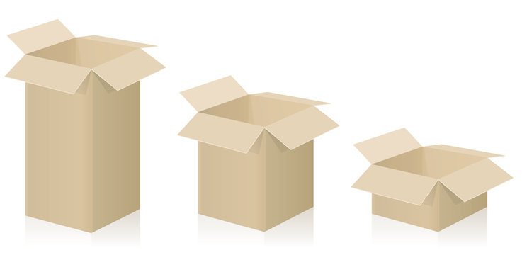 Despatch boxes - three different packing cases with open lid - vector illustration on white background.