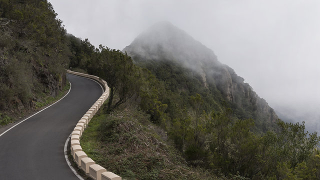 Precarious, winding and narrow road through Anaga mountains, Tenerife, Canary Islands, Spain