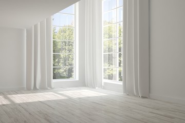 White empty room with summer landscape in window. Scandinavian interior design. 3D illustration