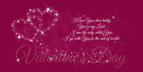 Valentine's Day inscription and dedication on a pink background with two connected hearts made of shining stars - diamonds