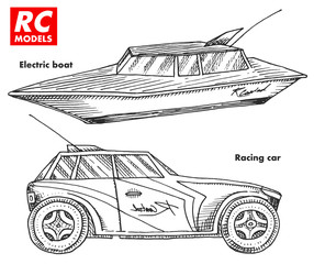 RC transport, remote control models. toys design elements for emblems. boat or ship and car or machine. revival radios tuner broadcasting system. Innovative technologies. engraved hand drawn.