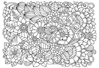 Black and white flower pattern for adult coloring book. Doodle floral drawing. Art therapy coloring page.