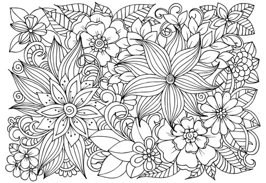 Black and white flower pattern for adult coloring book. Doodle floral drawing. Art therapy coloring page.