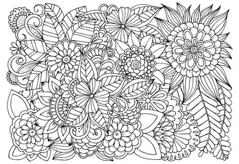 Fototapeta premium Black and white flower pattern for adult coloring book. Doodle floral drawing. Art therapy coloring page.