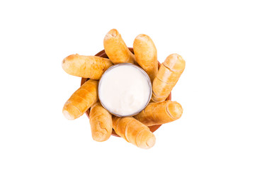 Tequeños on a white background. top view