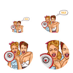 Set of vector pop art round avatar, profile icons for users of social networking, blogs. Two sexy girls holding megaphone excited about sale prices. Discount, promo, advertising poster illustration