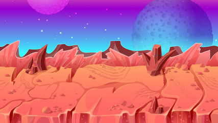 Vector seamless mars fantastic landscape. Horizontal cartoon scrolling game background, panorama with desert red ground with craters, rocks, alien planet star. Space martial scene illustration