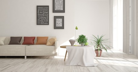 Idea of white minimalist room with sofa. Scandinavian interior design. 3D illustration
