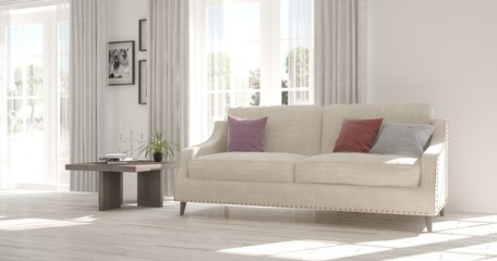 Idea of white minimalist room with sofa. Scandinavian interior design. 3D illustration