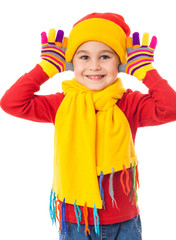 Funny girl in colorful winter clothes are teasing