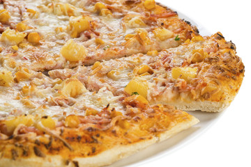 Tasty pizza with pineapple and corn