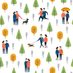 Seamless park pattern. Vector dog walking people