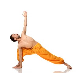 Old man practicing yoga asana stretching exercises isolated