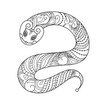 Snake. Vector illustration. Doodle. Black and white colouring book. Anti stress illustration design. Isolated on white.
