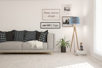 Idea of white room with sofa and summer landscape in window. Scandinavian interior design. 3D illustration