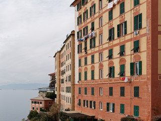 Scenic Mediterranean riviera coast. Panoramic view of Camogli to
