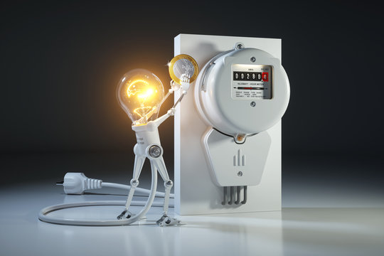 Cartoon character bulb light robot pays tariffs utility in kilowatt hour meter