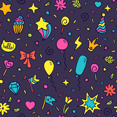 Naklejka premium Seamless vector pattern with doodle holiday elements. Hand drawn party background for wrapping paper, textile, web page background, packaging, poster, banner.